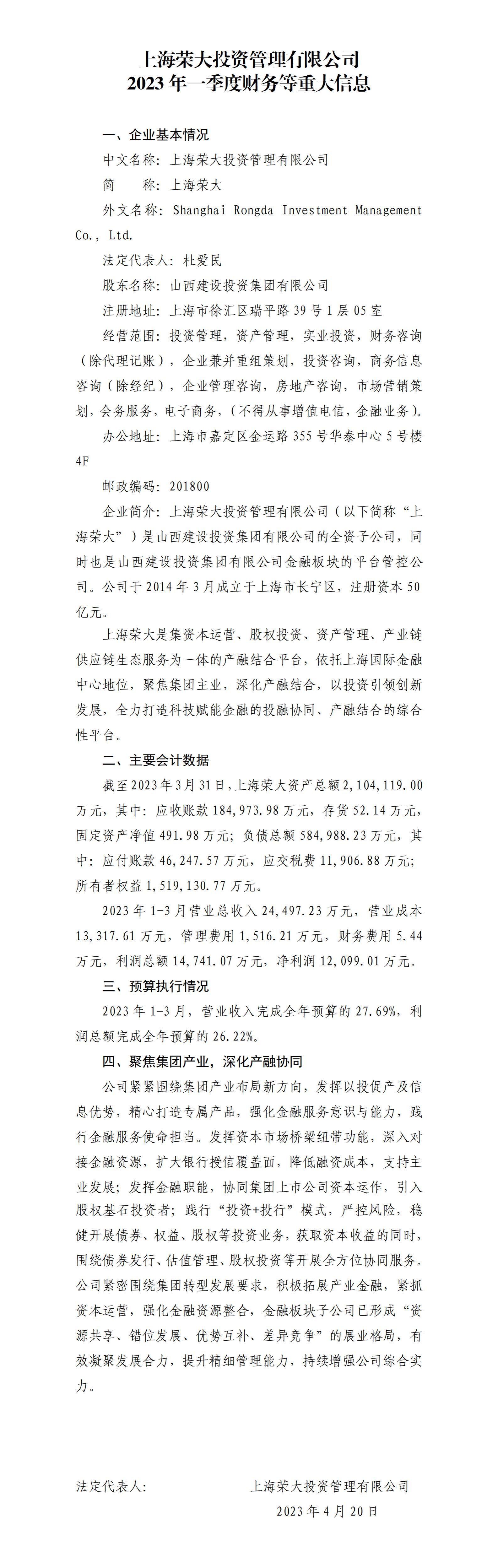 上海榮大投資管理有限公司2023年一季度財務(wù)等重大信息