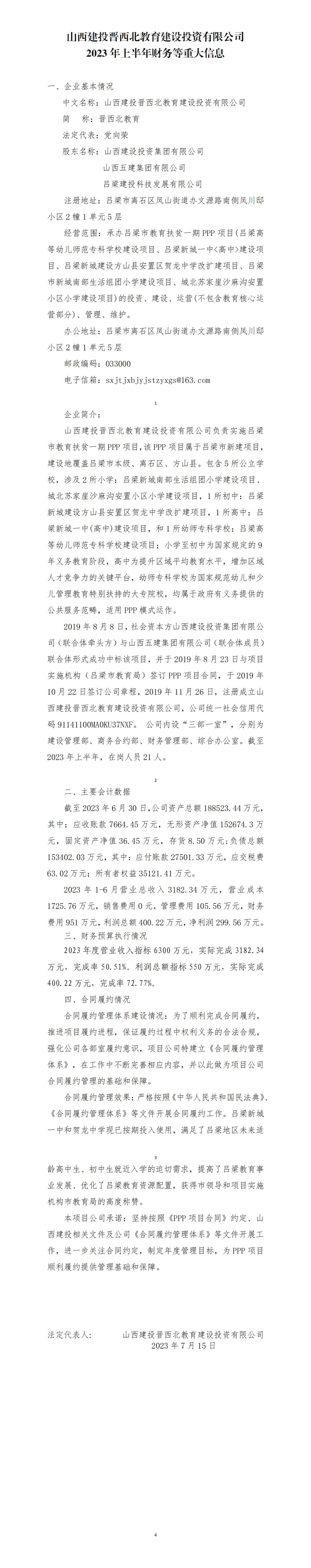 山西建投晉西北教育建設(shè)投資有限公司2023年上半年財務(wù)等重大信息