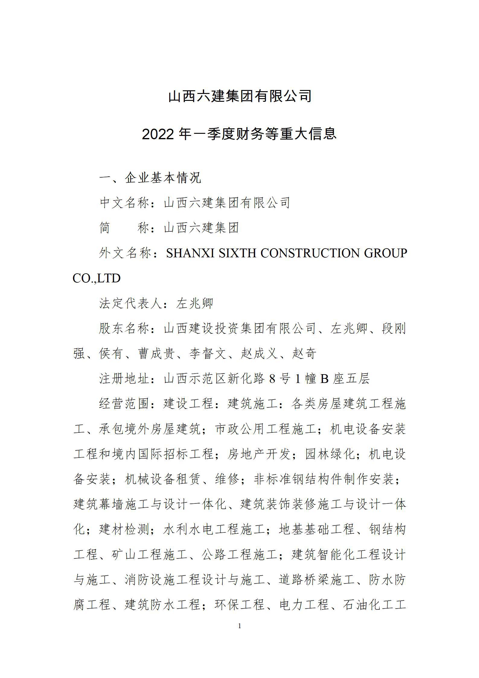 山西六建集團有限公司2022年一季度財務等重大信息