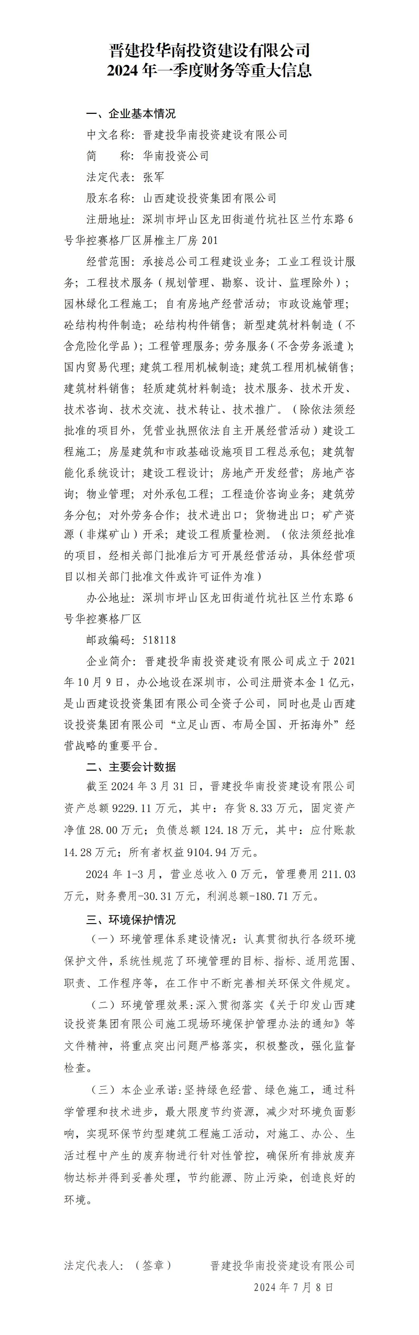 晉建投華南投資建設(shè)有限公司2024年一季度財務等重大信息