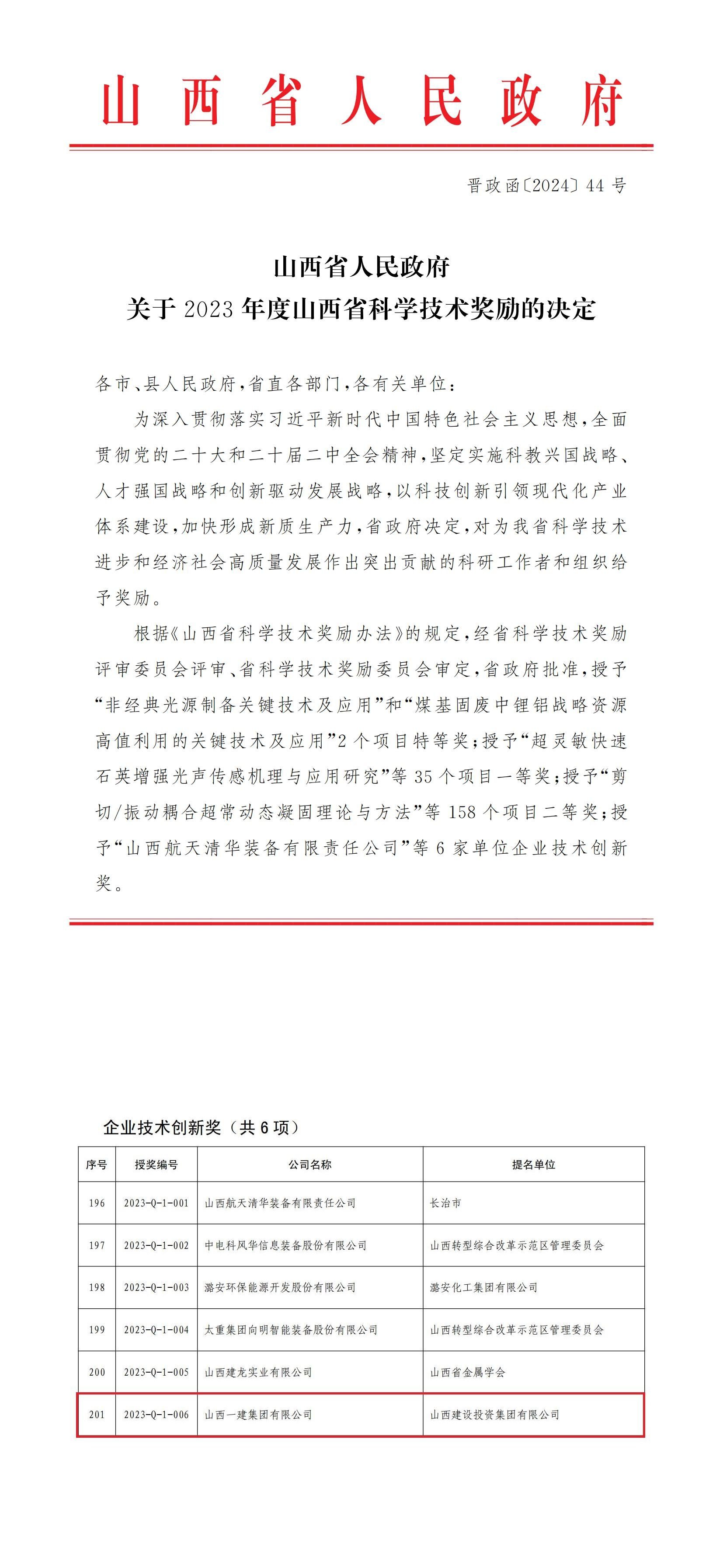 山西建投一建集團(tuán)榮獲2023年度山西省“企業(yè)技術(shù)創(chuàng)新獎(jiǎng)”