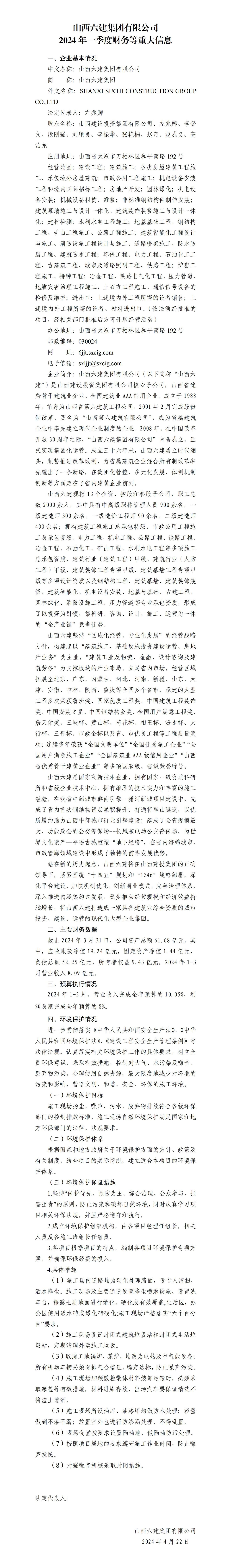 山西六建集團有限公司2024年一季度財務等重大信息