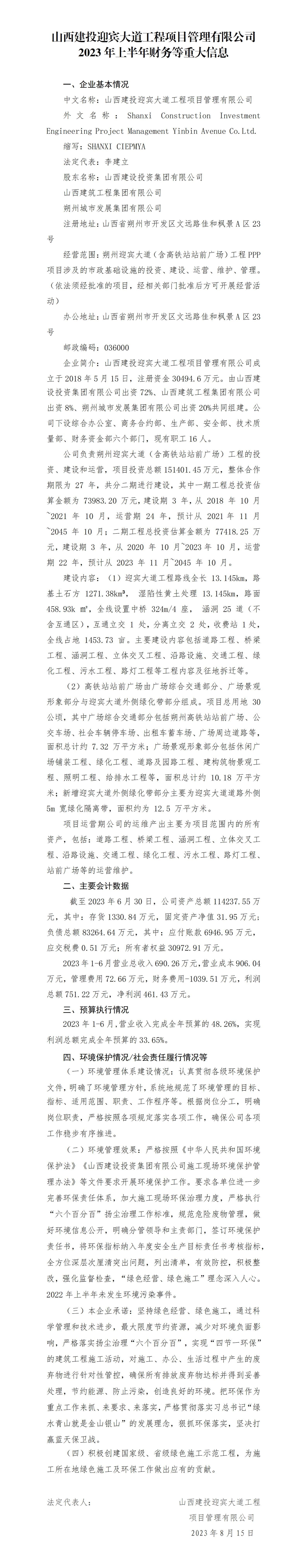 山西建投迎賓大道工程項(xiàng)目管理有限公司2023年上半年財務(wù)等重大信息