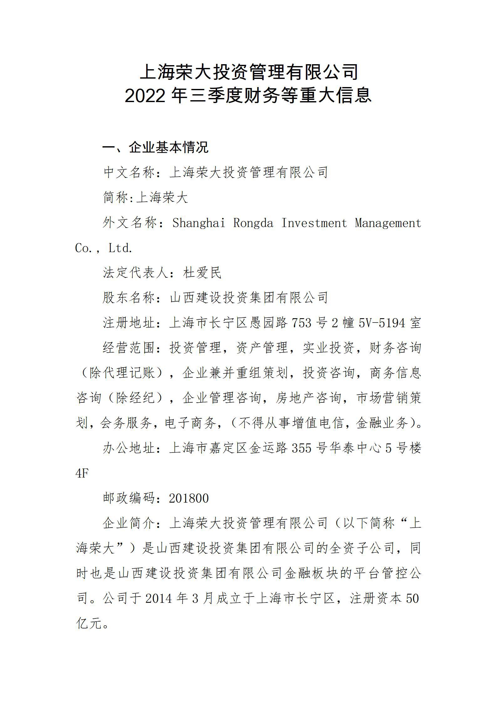 上海榮大投資管理有限公司2022年三季度財(cái)務(wù)等重大信息