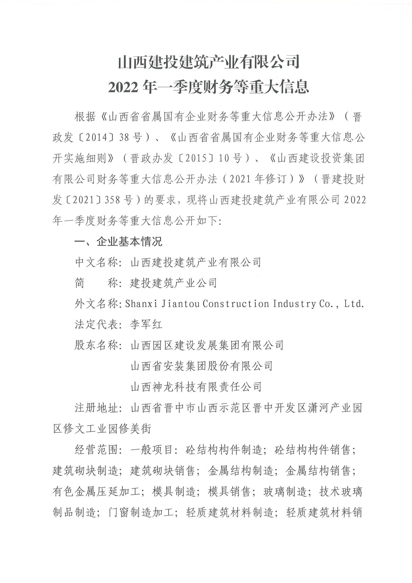 山西建投建筑產(chǎn)業(yè)有限公司2022年一季度財務等重大信息