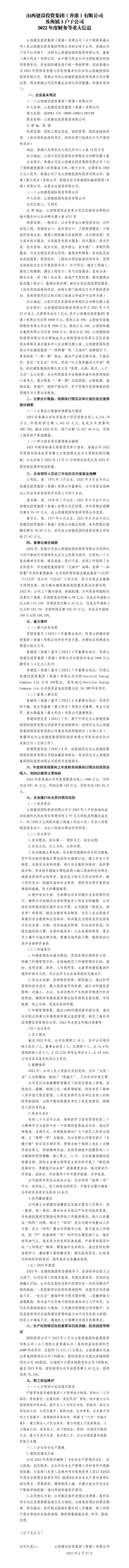 山西建設(shè)投資集團(tuán)（香港）有限公司及所屬1戶子公司 2022年度財務(wù)等重大信息