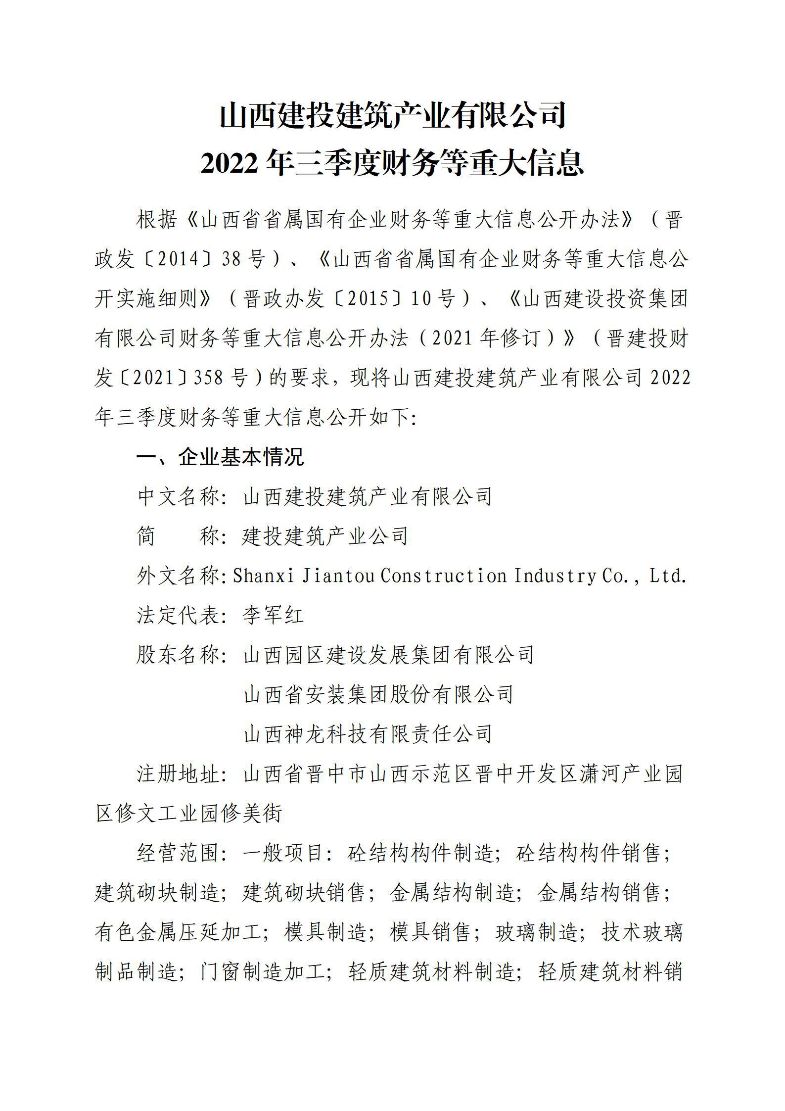 山西建投建筑產業(yè)有限公司2022年三季度財務等重大信息