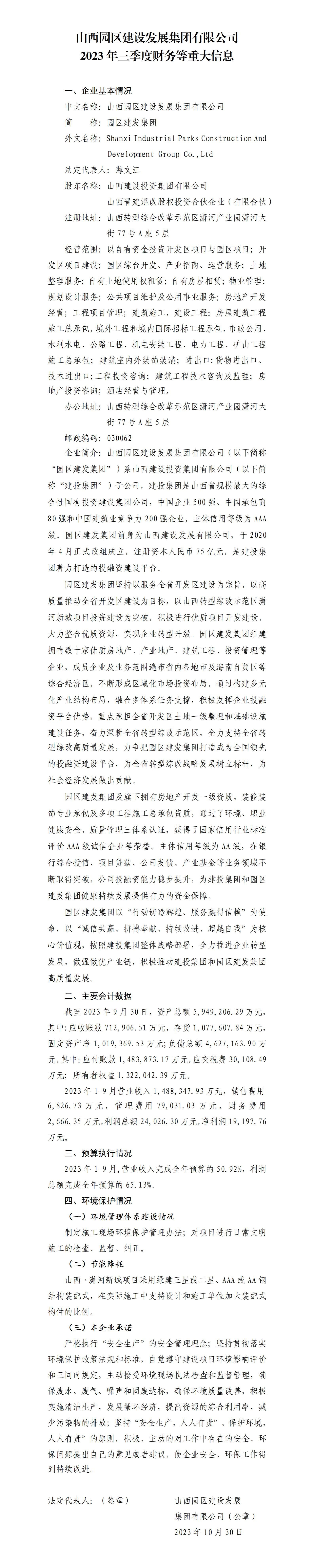 山西園區(qū)建設(shè)發(fā)展集團(tuán)有限公司2023年三季度財(cái)務(wù)等重大信息