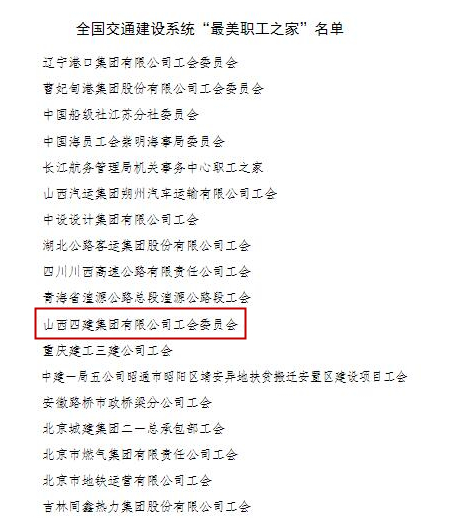 山西建投四建集團(tuán)工會(huì)榮獲全國(guó)交通建設(shè)系統(tǒng)“最美職工之家”稱(chēng)號(hào)