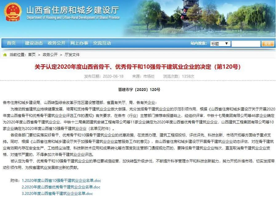 山西建投三建集團榮膺山西省10強骨干建筑業(yè)企業(yè)